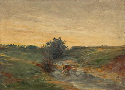 Vaskekone ved åen ved solnedgang af Serafin Maurer