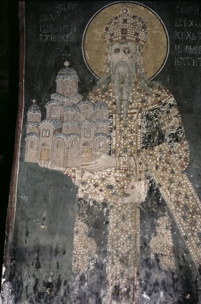 Kong Stephen Uros II Milutin (r.1282-1321) med en model af kirken, 1311-21 af Serbian School