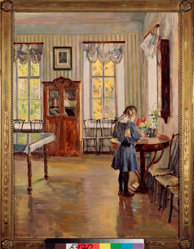 In a House - Maleri af Sergei Arsenyevich Vinogradov (1869-1938), olie på lærred af Sergei Arsenevich Vinogradov