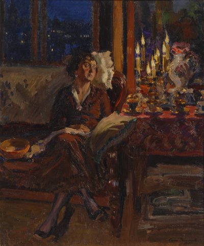 Dame med bog i et interiør, 1917 af Sergei Arsenevich Vinogradov