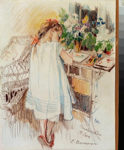 Une petite (A Little One) - Kunstværk af Sergei Arsenyevich Vinogradov (1869-1938), farveblyant på papir af Sergei Arsenevich Vinogradov