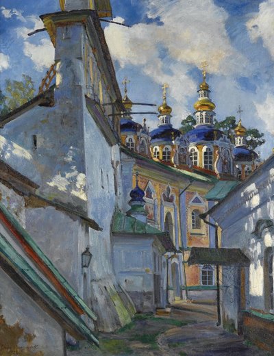 Udsigt over Pskovo-Pechersky-klosteret, 1928 af Sergei Arsenevich Vinogradov