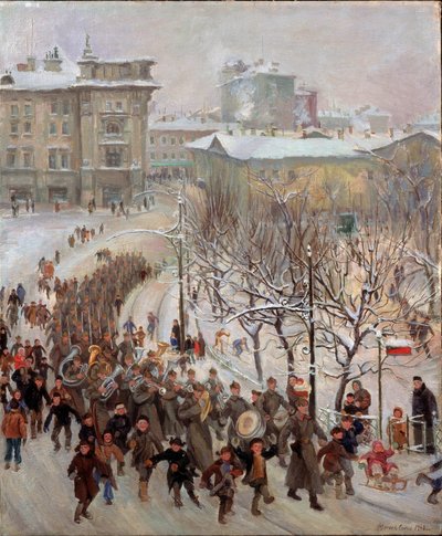 Den røde hærs mænd. Parade af Sovjetunionens tropper i gaderne i en snedækket by under Anden Verdenskrig (1939-1945), forudgået af marchorkestret og ledsaget af glade børn. Maleri af Sergei Ivanovich af Sergei Ivanovich Markin