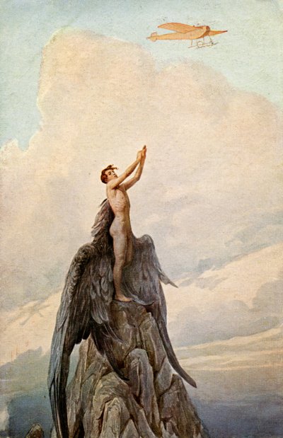 Transportere. Luftfart. Drømmen om Ikaros. Icarus og flyvemaskine. Illustration af J. Solomko, Ungarn, ca. 1916. (postkort) af Sergei Sergeevich Solomko