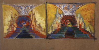 Scenedesign til operaen Den Gyldne Hane af N. Rimsky-Korsakov af Sergei Vasilievich Malyutin