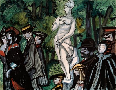 I sommerhaven. (Familier i deres søndagsbedste på en tur rundt om en statue i Sankt Petersborg). Værk af Sergei Yurievich Sudeykin (Serge Soudeikine) (1882-1946), blyant, gouache og blæk på papir. russisk kunst af Sergei Yurevich Sudeikin