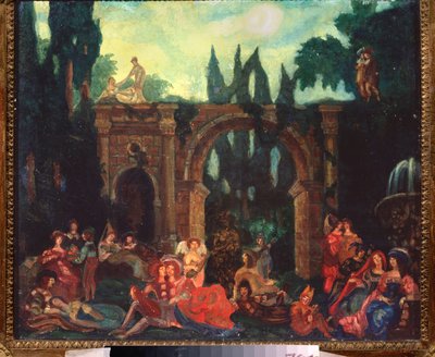 Forberedende indretning til skuespillet ""Le Decameron"" af Giovanni Boccaccio (Jean Boccace af Sergei Yurevich Sudeikin