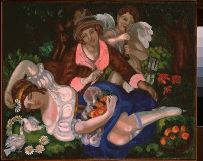 Allegorisk scene. (Et par elskere, omgivet af et par duer og Amor, der spiller musik). Maleri af Sergei Yurievich Sudeykin (Serge Soudeikine) (1882-1946), olie på lærred, ca. 1910. Russisk kunst, 20. århundrede, art nouveau, modernisme. af Sergei Yurevich Sudeikin