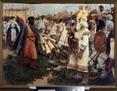 ""Kristendom og hedendom"" Kristning af Ukraine - Allegori af de to religioner ansigt til ansigt - Maleri af Sergei Ivanov (1864-1910) 1909 Regional Art Museum, Simferopol af Sergej Vasilevic Ivanov