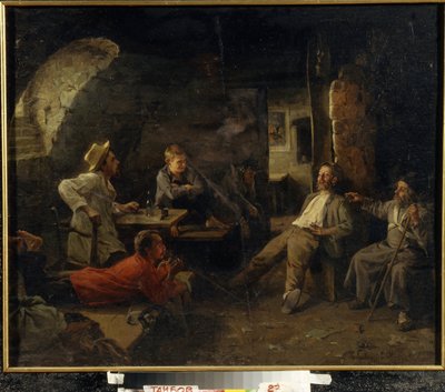 Natteasylet (Dosshouse). Samtale mellem beboerne på refugiet. Maleri af Sergey Ivanovich Krivolutsky (1869-1922), olie på lærred af Sergey Ivanovich Krivolutsky