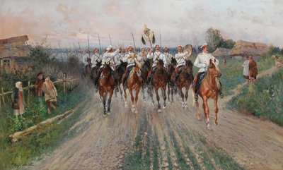 Et band går gennem landsbyen. af Sergey Semyonovich Voroshilov