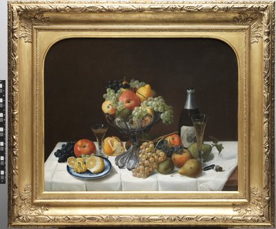 Frugtstilleben med champagneflaske af Severin Roesen