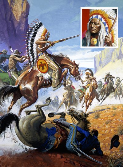 En træfning mellem indianere og amerikanske soldater (gouache på papir) af Severino Baraldi