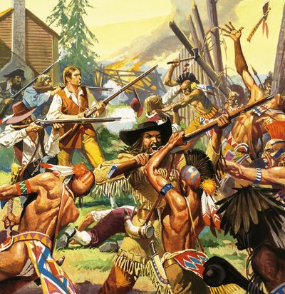 Daniel Boone forsvarer en gård i Kentucky mod angribende indianere af Severino Baraldi