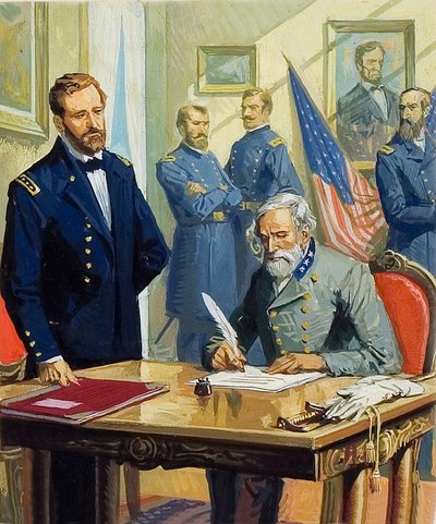 General Ulysses Grant accepterer general Lees overgivelse ved Appomattox af Severino Baraldi