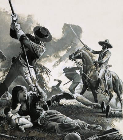 I 1858 angreb to tropper af mexicansk kavaleri apachernes lejr. af Severino Baraldi