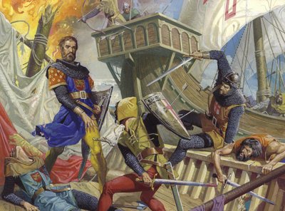 Marco Polo fanget af genuanerne, 20. århundrede (gouache på papir) af Severino Baraldi
