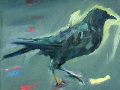 Walking Crow, 2024 (olie på lærredsplade) af Shaun Carey