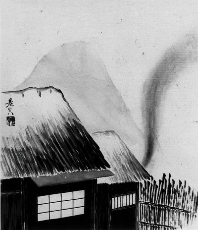 Hytte og bjerge, 1800-tallet. af Shibata Zeshin