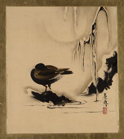 Lakmalerier af forskellige emner: Fugl og pil i sne, 1882. af Shibata Zeshin