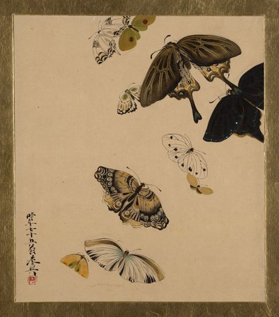 Lakmalerier af forskellige emner: Sommerfugle, dateret 1881. af Shibata Zeshin