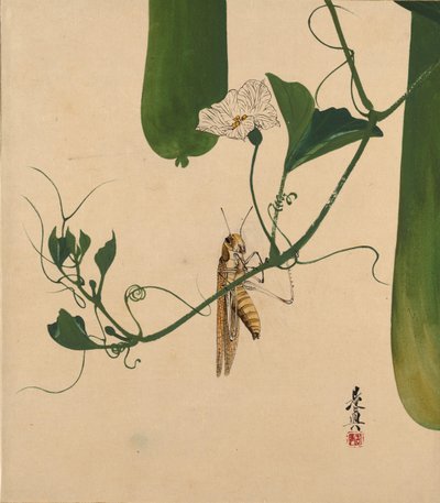 Lakmalerier af forskellige emner: Græshoppe på græskar, 1882. af Shibata Zeshin
