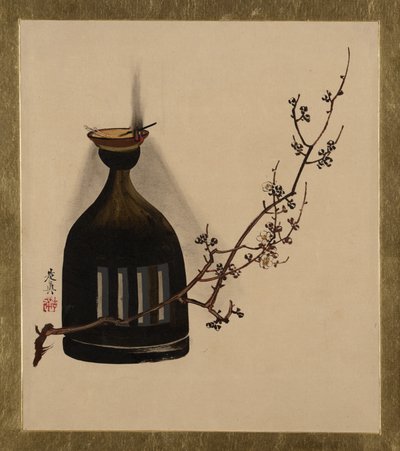 Lakmalerier af forskellige emner: blommegren med olielampe, 1882. af Shibata Zeshin