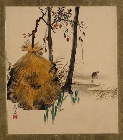 Lakmalerier af forskellige emner: Sneskjul til et træ med spurv, 1882. af Shibata Zeshin