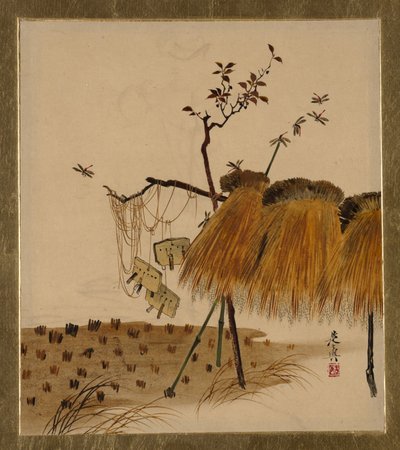 Lakmalerier af forskellige emner: stak ris og guldsmede, 1882. af Shibata Zeshin