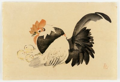 Hane, høne og kyllinger, Meiji-æraen, 1870-79 (farve-træsnit) af Shibata Zeshin