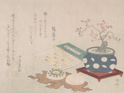 Bonsai blomme, kompas og lommesolur med design af kalender, fra Spring Rain Surimon..., 1806. af Shinsai