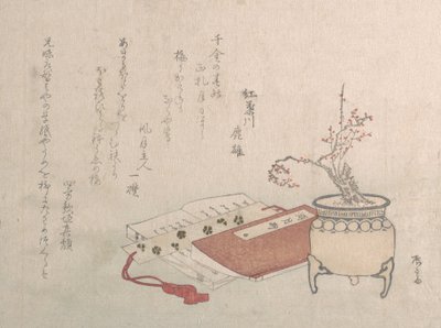 Potted Plum Tree in Blossom and Books, 1800-tallet., 1800-tallet. af Shinsai