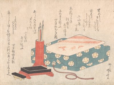 Skrivesæt og digtkortæske Shikishi-bako, fra Spring Rain Surimono Album Har..., ca. 1805-10. af Shinsai