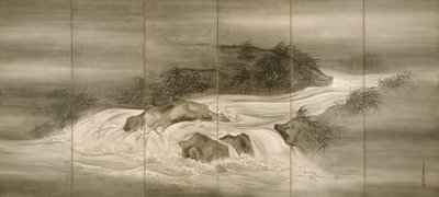 Flodlandskab med ildfluer af Shiokawa Bunrin