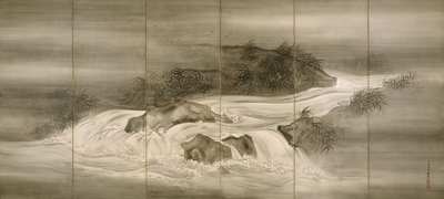 Flodlandskab med ildfluer, 1874 af Shiokawa Bunrin