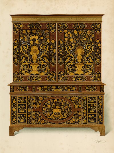 Kabinetpresse indlagt med Marqueterie, ejendom tilhørende Marquess of Exeter (chromolitho) af Shirley Charles Llewellyn Slocombe
