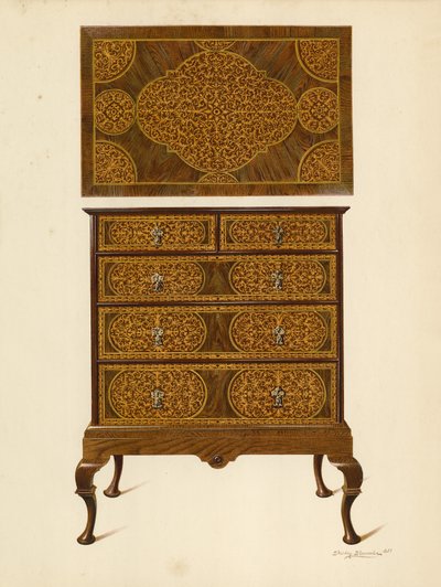 Kommode indlagt med Marqueterie (chromolitho) af Shirley Charles Llewellyn Slocombe