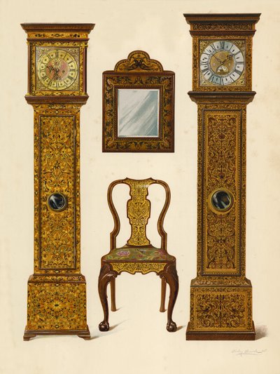 Ur indlagt med lys Marqueterie, ejendom tilhørende Percy Macquoid; Ur indlagt med Dark Marqueterie, Victoria and Albert Museum; Valnøddestol indlagt med Marqueterie; Spejl (chromolitho) af Shirley Charles Llewellyn Slocombe