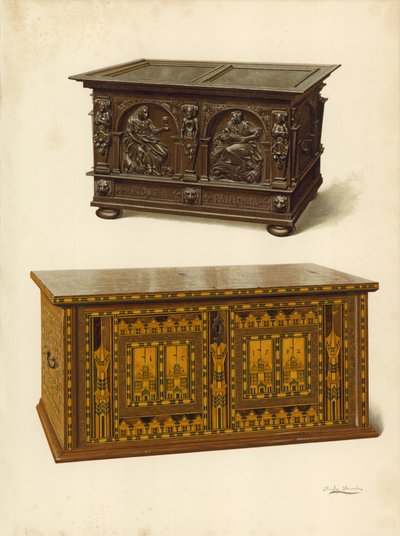 Oak Chest, ejendom tilhørende Seymour Lucas; Eg indlagt Nonesuch kiste (chromolitho) af Shirley Charles Llewellyn Slocombe