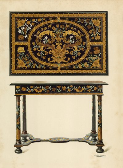 Bord indlagt med Marqueterie, ejendom tilhørende Lord Zouche af Haryngworth (chromolitho) af Shirley Charles Llewellyn Slocombe