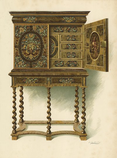 Valnøddeskab indlagt med Marqueterie, ejendom tilhørende The Hon Charlotte Maria Lady North og R Eden Dickson (chromolitho) af Shirley Charles Llewellyn Slocombe
