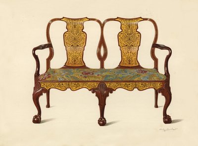 Valnøddesofa indlagt med Marqueterie, ejendom tilhørende Percy Macquoid (chromolitho) af Shirley Charles Llewellyn Slocombe