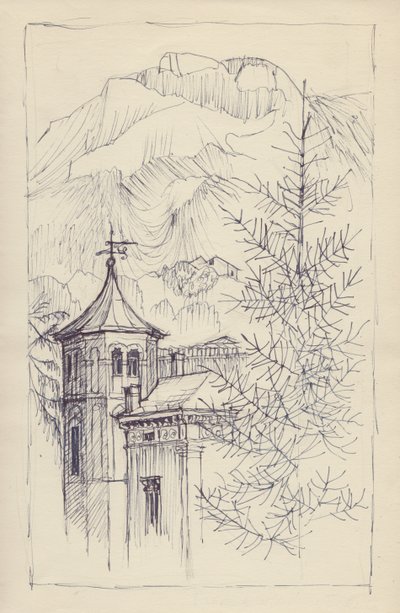 Kirke og bjerge, Italien, c1950. af Shirley Markham