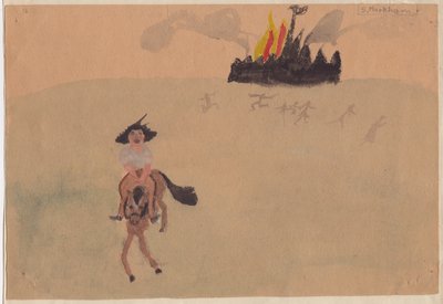 Pige på hest, der flygter fra flammende fort, c1941. af Shirley Markham