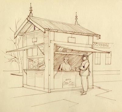 Kiosk sælger drikkevarer, Paris, Frankrig, c1951. af Shirley Markham
