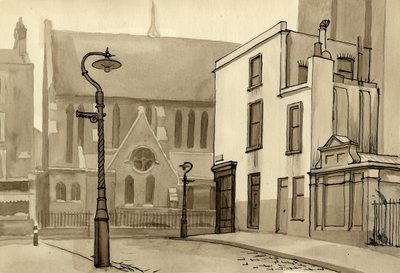Lygtepæl og kirke, c1951. af Shirley Markham