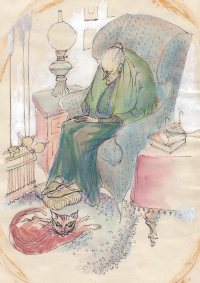 Gammel kvinde og kat, 1951. af Shirley Markham