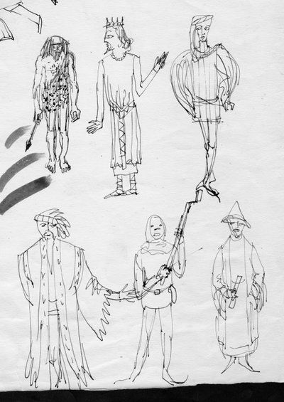 Side med skitser, mennesker i tidstypisk dragt, c1950. af Shirley Markham