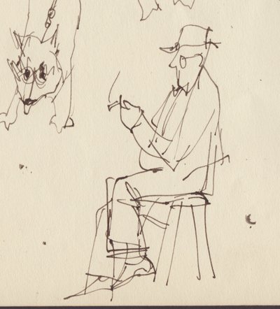 Siddende mand og hund studier, c1950. af Shirley Markham