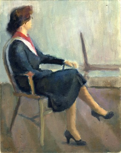 Siddende kvinde i marineblå, 1952. af Shirley Markham